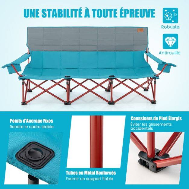 Helloshop26 - Chaise de camping 3 places surdimensionnée causeuse pliante avec porte-gobelets rembourrage epais capacité 450 kg bleu - Imagen 2