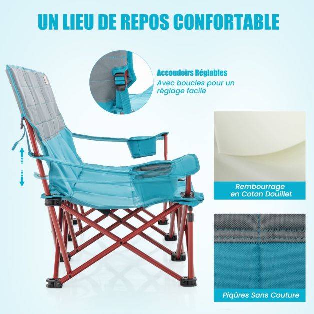 Helloshop26 - Chaise de camping 3 places surdimensionnée causeuse pliante avec porte-gobelets rembourrage epais capacité 450 kg bleu - Imagen 4
