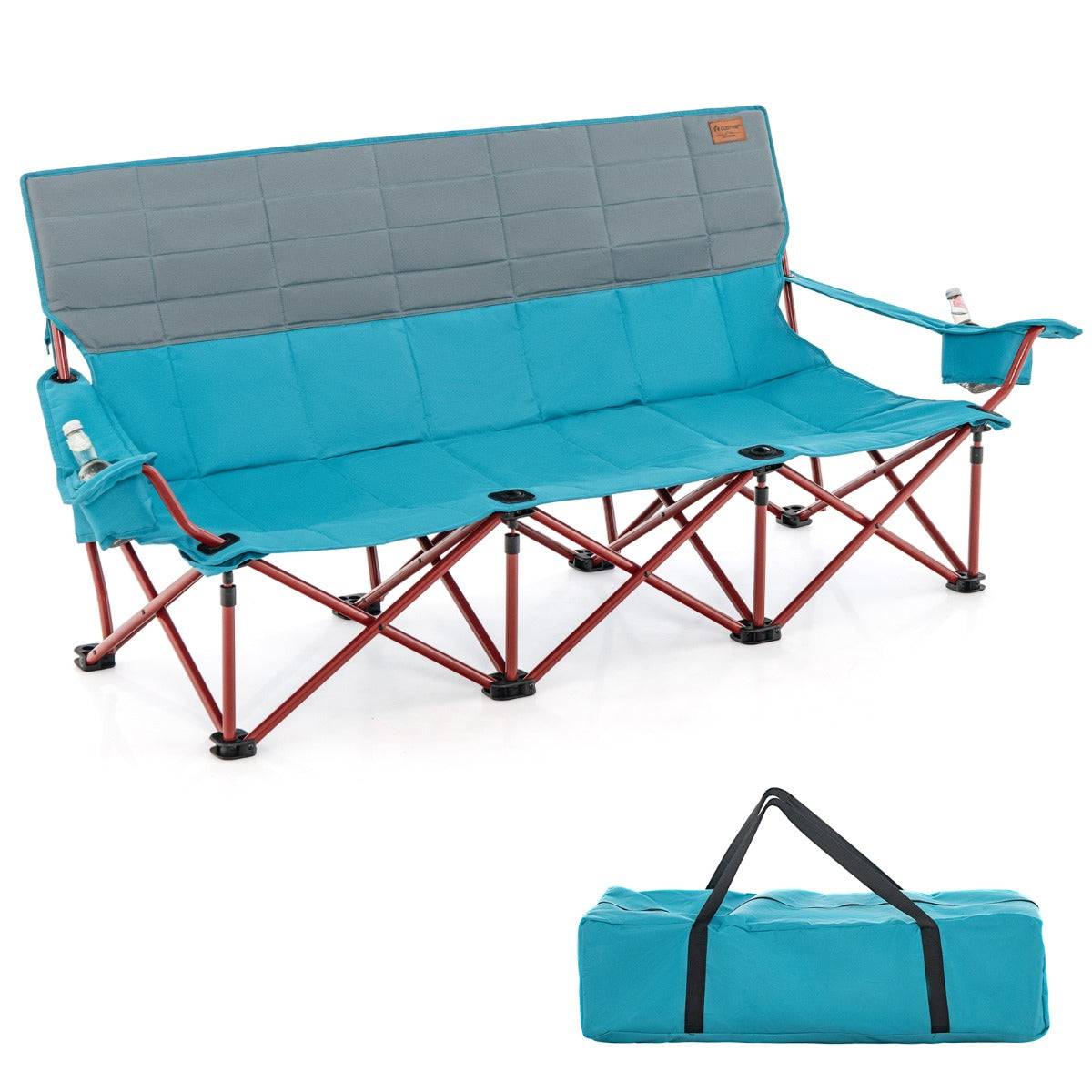 Helloshop26 - Chaise de camping 3 places surdimensionnée causeuse pliante avec porte-gobelets rembourrage epais capacité 450 kg bleu - Imagen 1