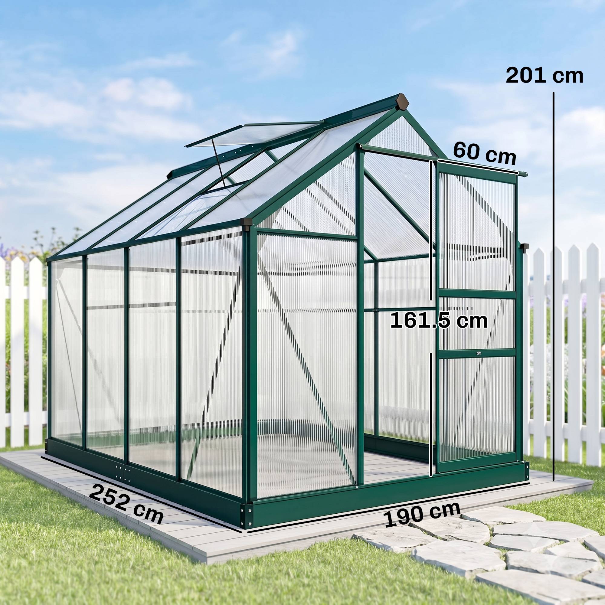 Sans Marque - Serre de jardin en polycarbonate résistant aux UV avec fenêtre et porte coulissante, 190 x 252 x 201 cm - Image 5