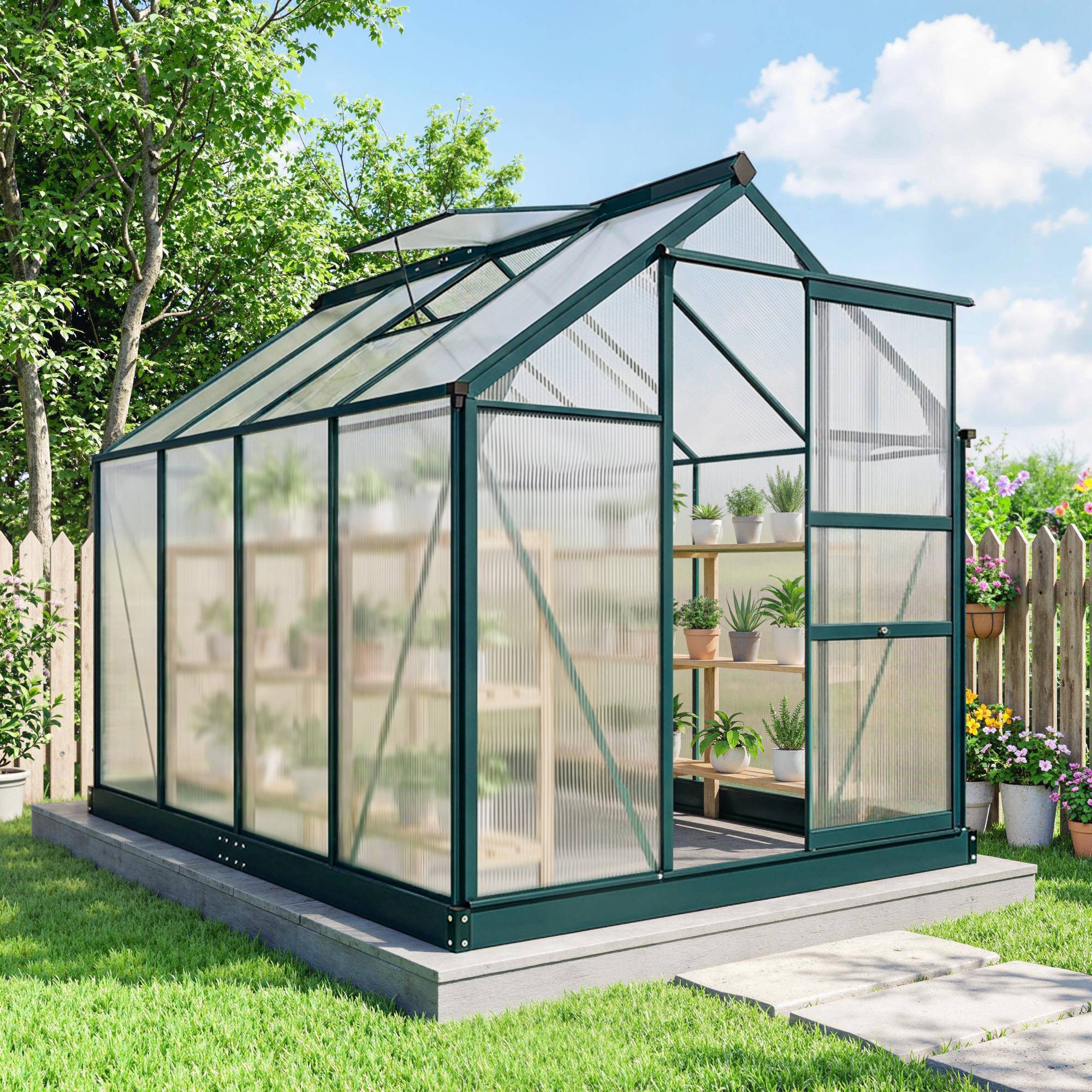 Sans Marque - Serre de jardin en polycarbonate résistant aux UV avec fenêtre et porte coulissante, 190 x 252 x 201 cm - Image 4