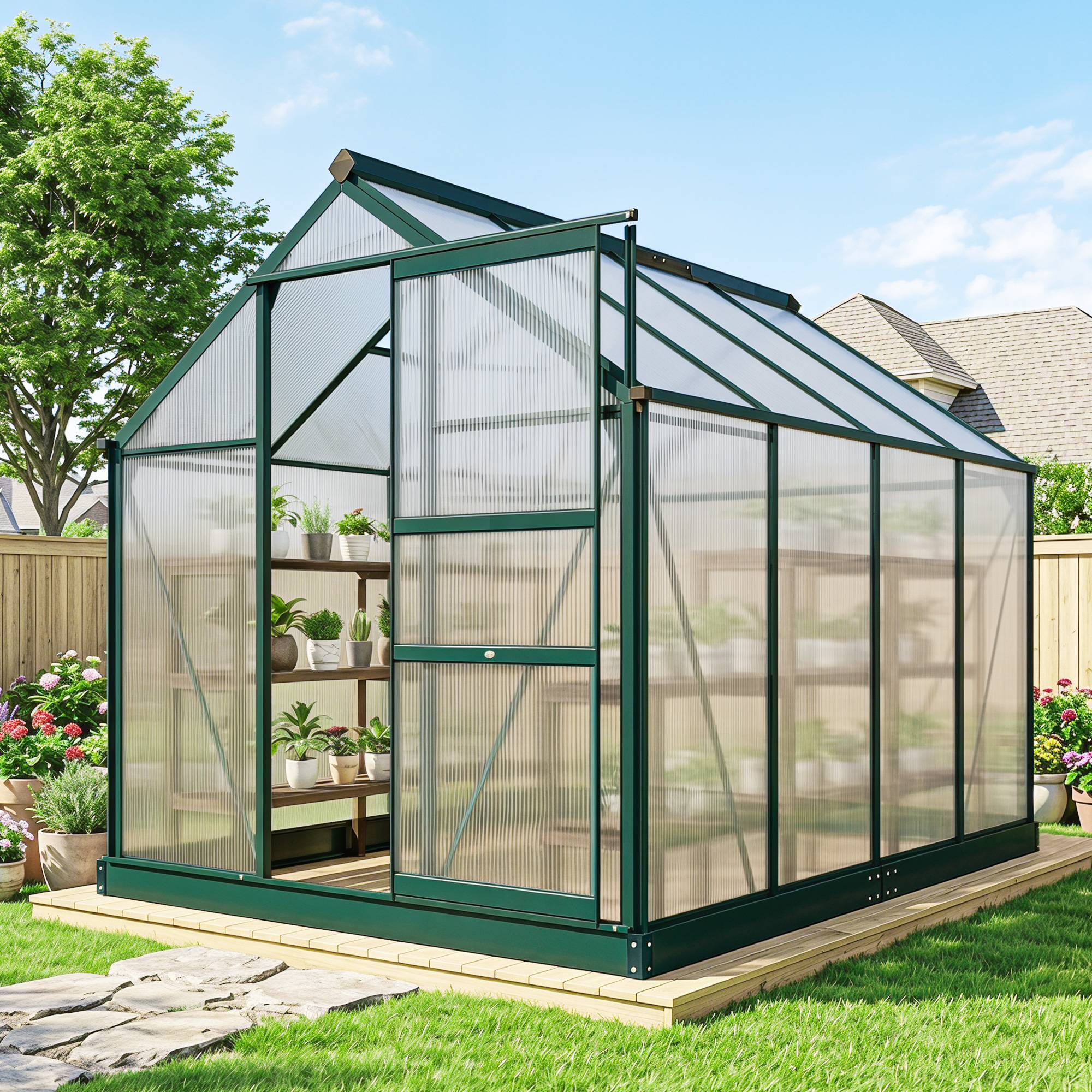 Sans Marque - Serre de jardin en polycarbonate résistant aux UV avec fenêtre et porte coulissante, 190 x 252 x 201 cm - Image 3