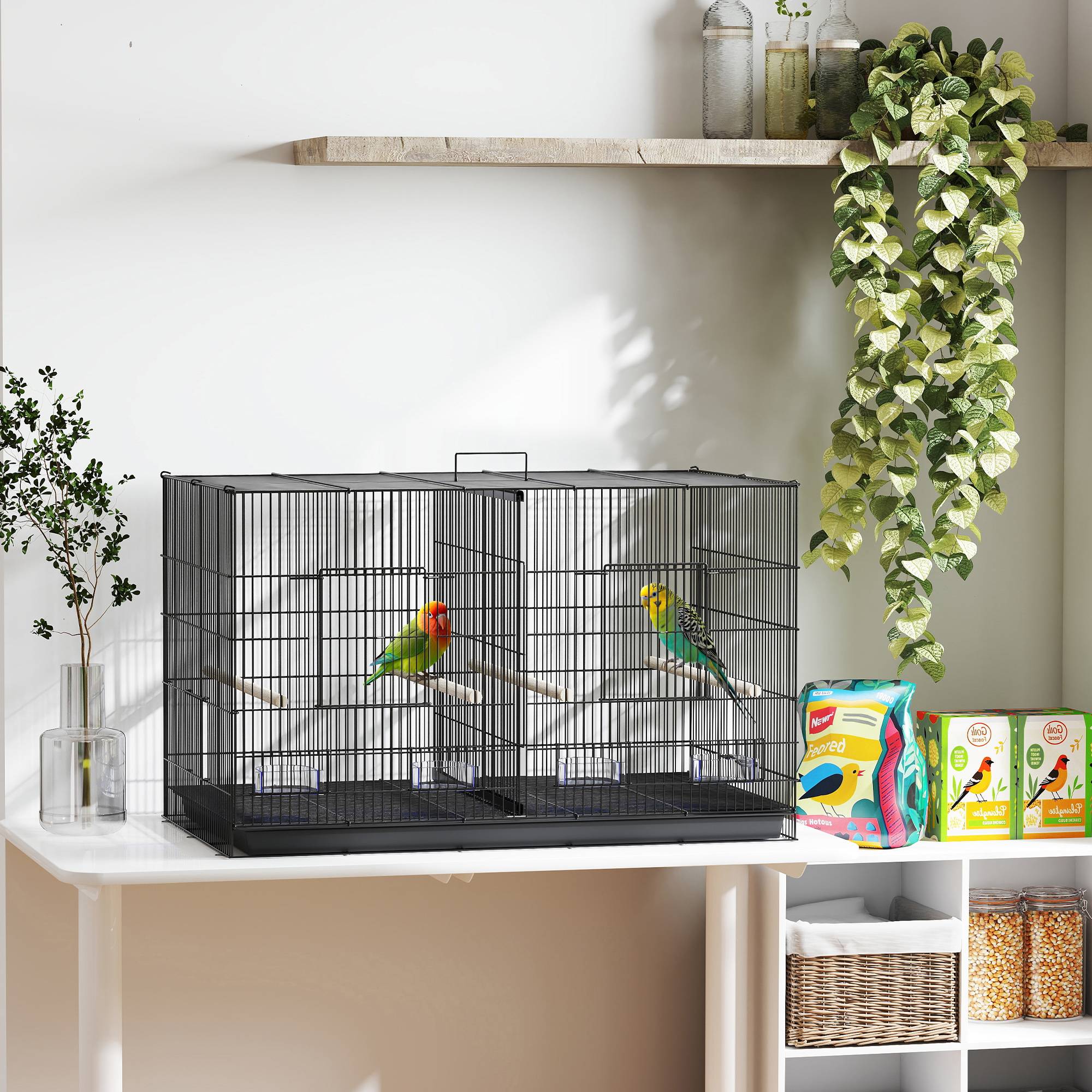 Sans Marque - Cage à oiseaux avec séparateur, 4 mangeoires, 4 perchoirs, plateau amovible pour perroquets, canaris, perruches, 94 x 57 x 57 cm, noire - Image 4
