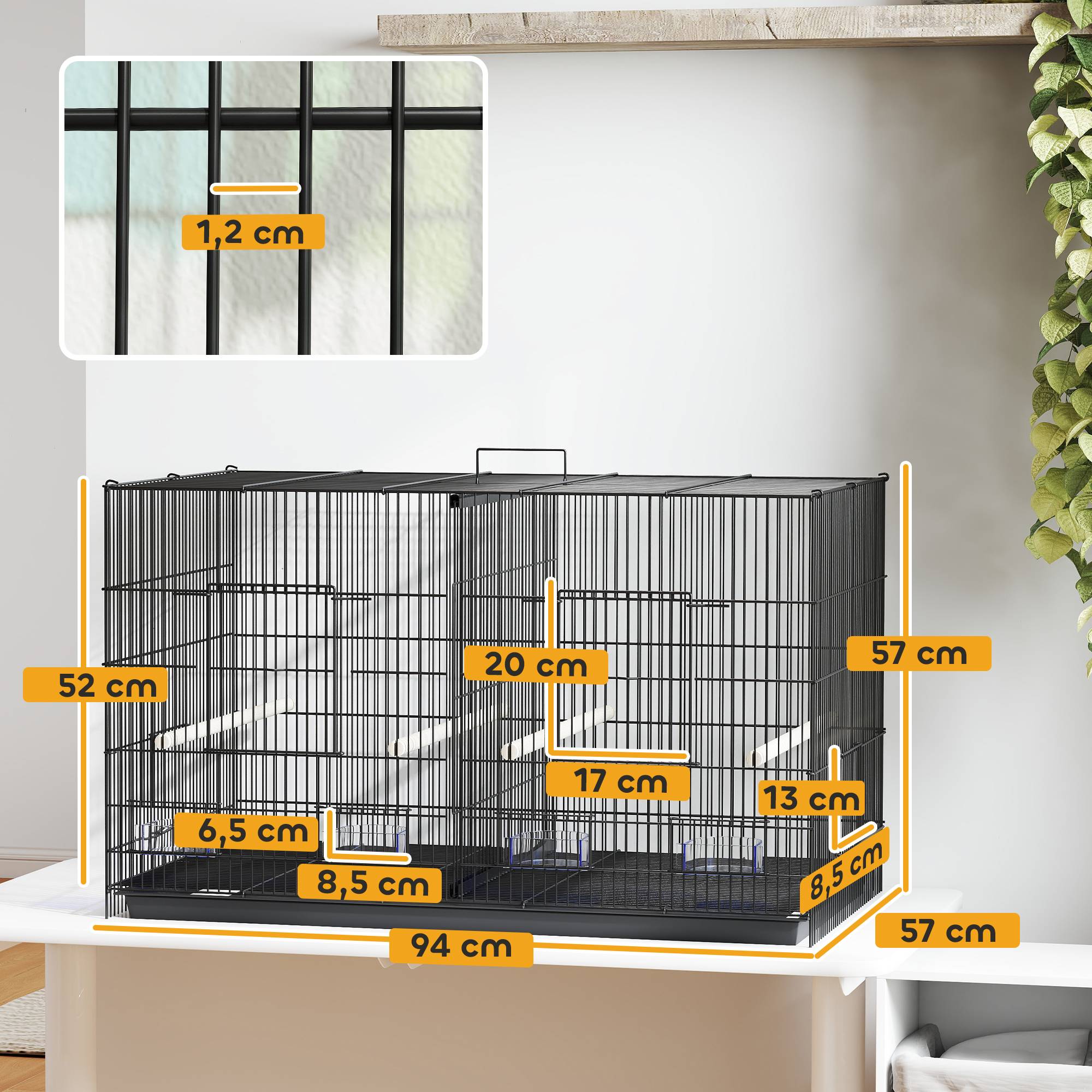 Sans Marque - Cage à oiseaux avec séparateur, 4 mangeoires, 4 perchoirs, plateau amovible pour perroquets, canaris, perruches, 94 x 57 x 57 cm, noire - Image 5