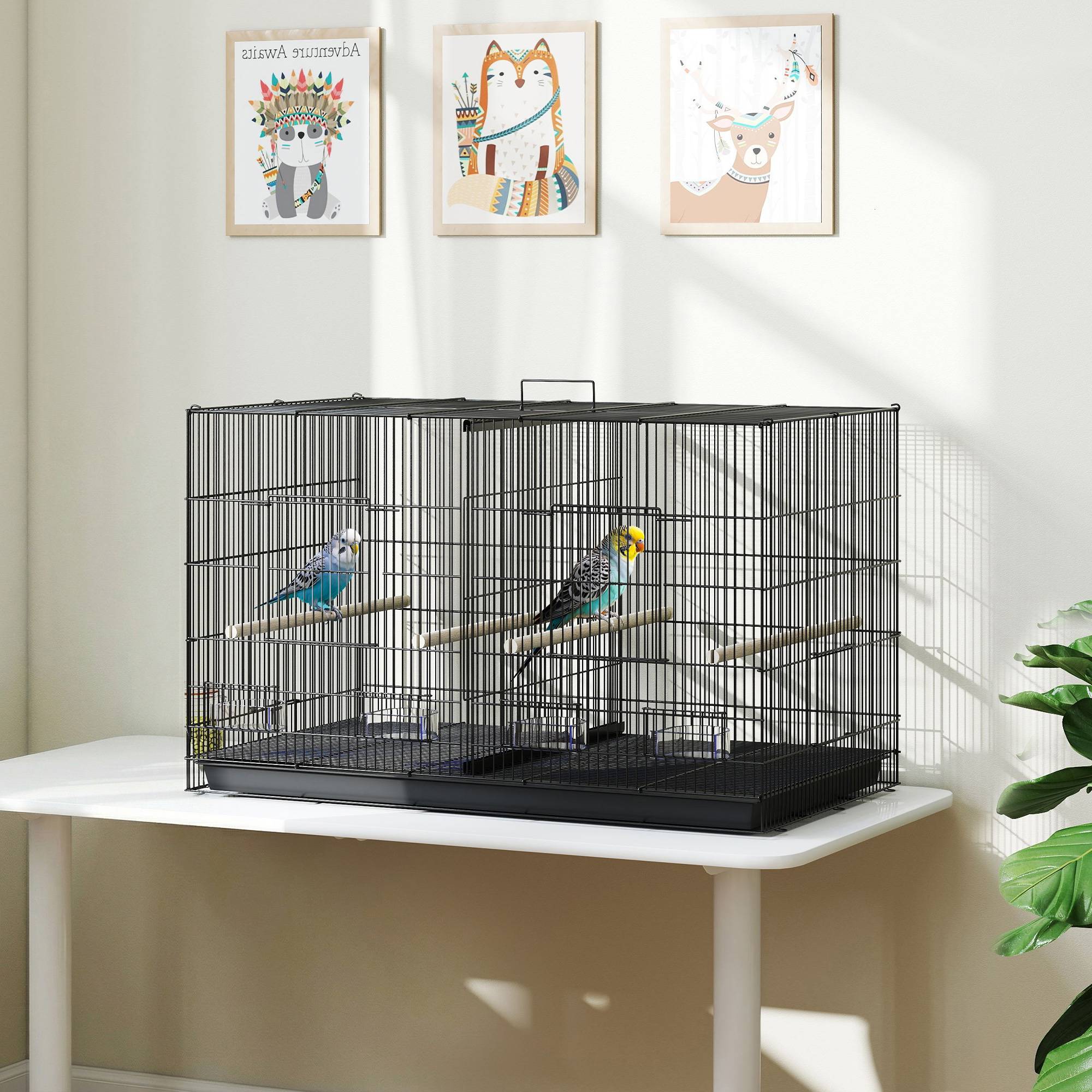 Sans Marque - Cage à oiseaux avec séparateur, 4 mangeoires, 4 perchoirs, plateau amovible pour perroquets, canaris, perruches, 94 x 57 x 57 cm, noire - Image 3
