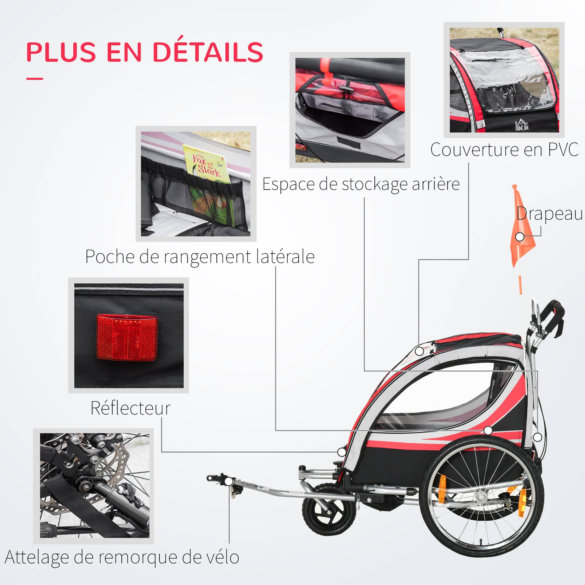 Remorque vélo enfant acier rouge 142 x 75 x 101 cm - PANGIVO - Image 9