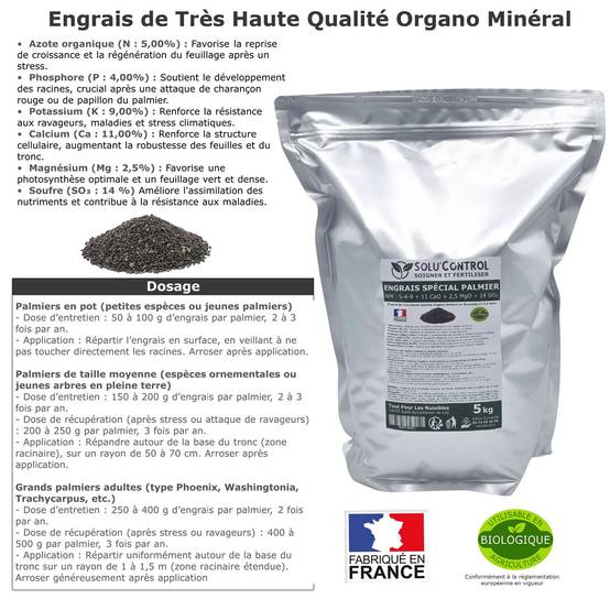 SOLU’CONTROL - Engrais Spécial Palmier 5 kg - Formulation haute qualité Organo-Minerale - Idéal après attaque charançon rouge, papillon du palmier - Image 2
