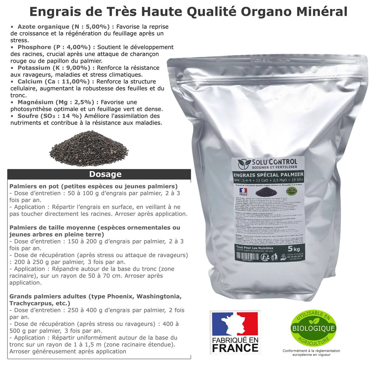 SOLU’CONTROL - Engrais Spécial Palmier 5 kg - Formulation haute qualité Organo-Minerale - Idéal après attaque charançon rouge, papillon du palmier - Image 2