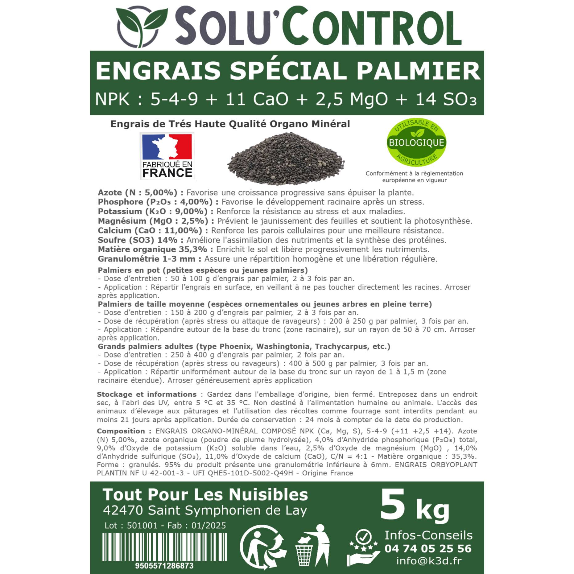SOLU’CONTROL - Engrais Spécial Palmier 5 kg - Formulation haute qualité Organo-Minerale - Idéal après attaque charançon rouge, papillon du palmier - Image 3