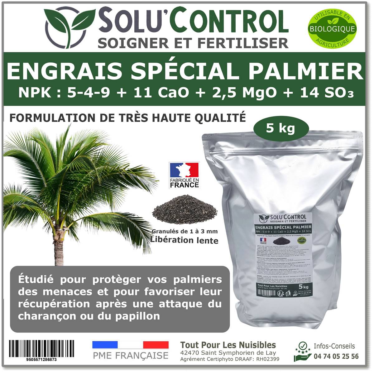 SOLU’CONTROL - Engrais Spécial Palmier 5 kg - Formulation haute qualité Organo-Minerale - Idéal après attaque charançon rouge, papillon du palmier - Image 1