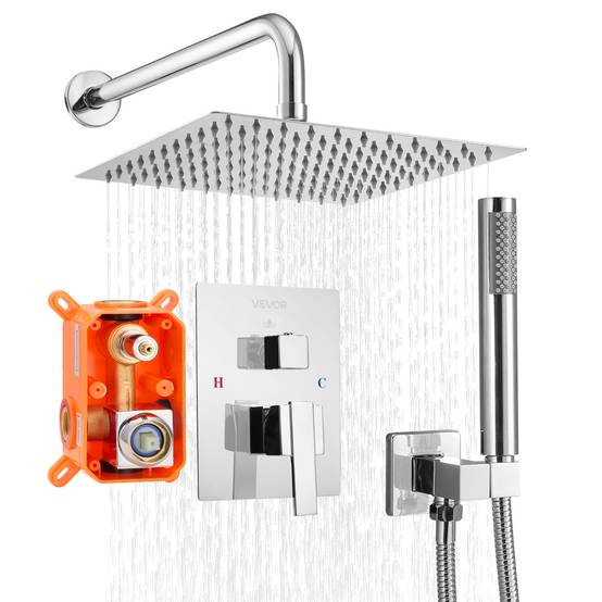 VEVOR Kit de Douche avec Douchette de Tête Carrée 25,4cm et à Main Argent Chromé - Image 1