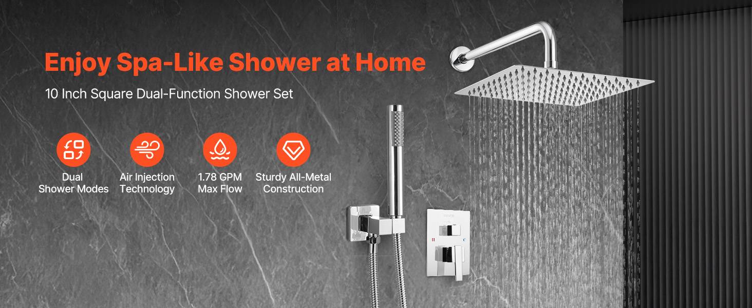 VEVOR Kit de Douche avec Douchette de Tête Carrée 25,4cm et à Main Argent Chromé - Image 9