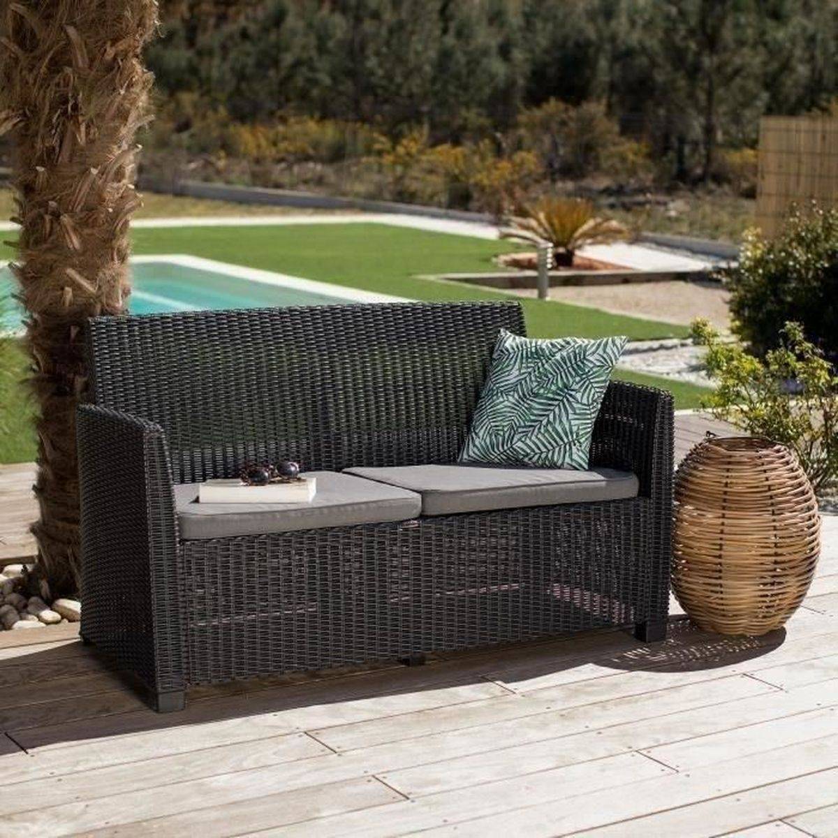 Salon bas de jardin Mia graphite 4 places avec rangement coussins - 1 banquette 2 places, 2 fauteuils, table basse - Allibert by KETER - Image 3