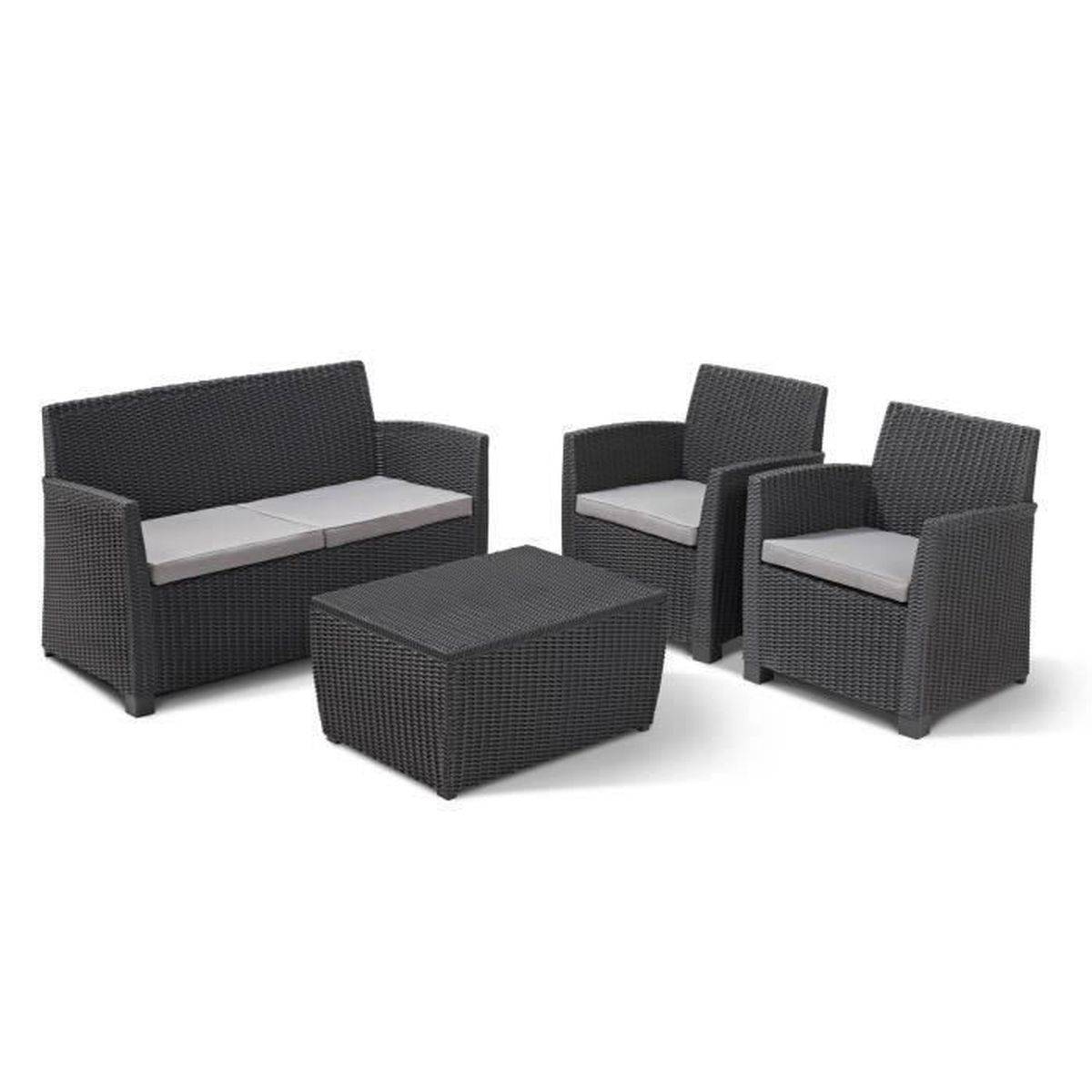 Salon bas de jardin Mia graphite 4 places avec rangement coussins - 1 banquette 2 places, 2 fauteuils, table basse - Allibert by KETER - Image 1
