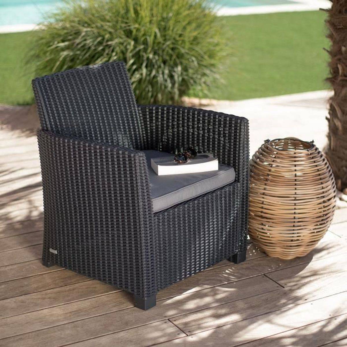 Salon bas de jardin Mia graphite 4 places avec rangement coussins - 1 banquette 2 places, 2 fauteuils, table basse - Allibert by KETER - Image 5