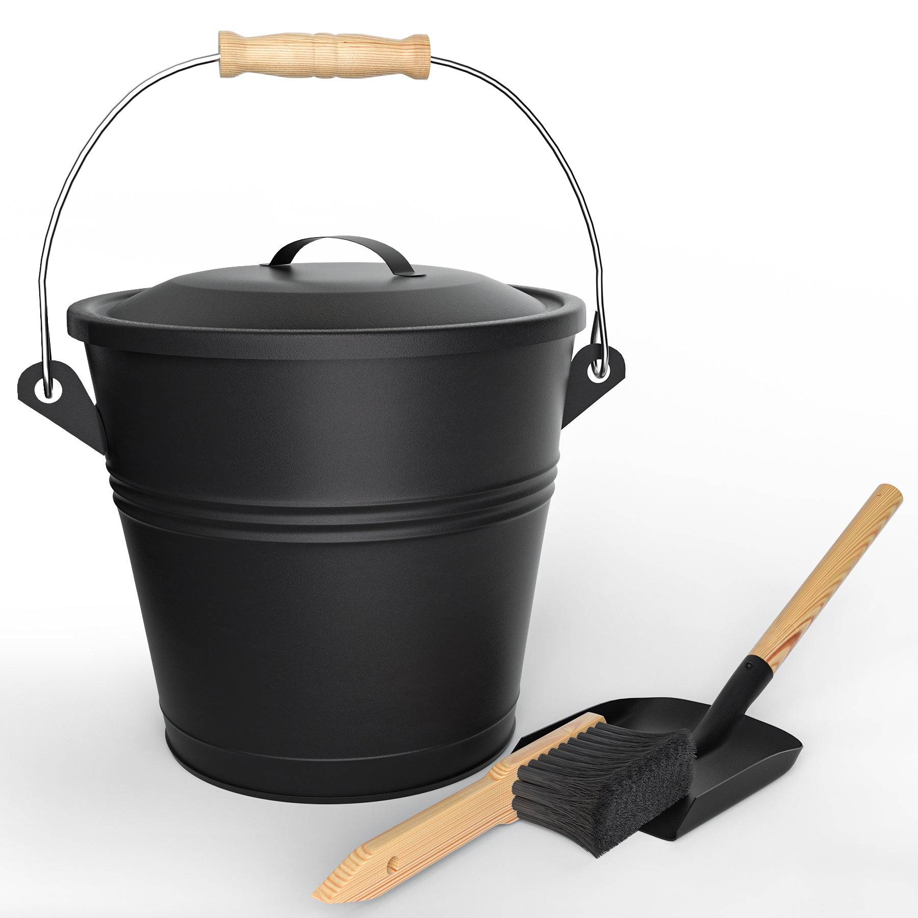 Seau à Cendres en Métal avec Couvercle Pelle et Balai à Main 5L Noir - Image 1