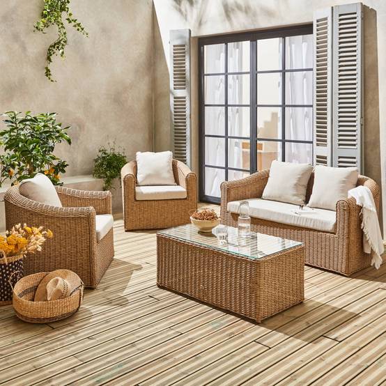 sweeek - Salon de jardin en résine tressée arrondie 4 places - Valentino Naturel - Coussins beiges. canapé fauteuils table basse | sweeek - Image 3