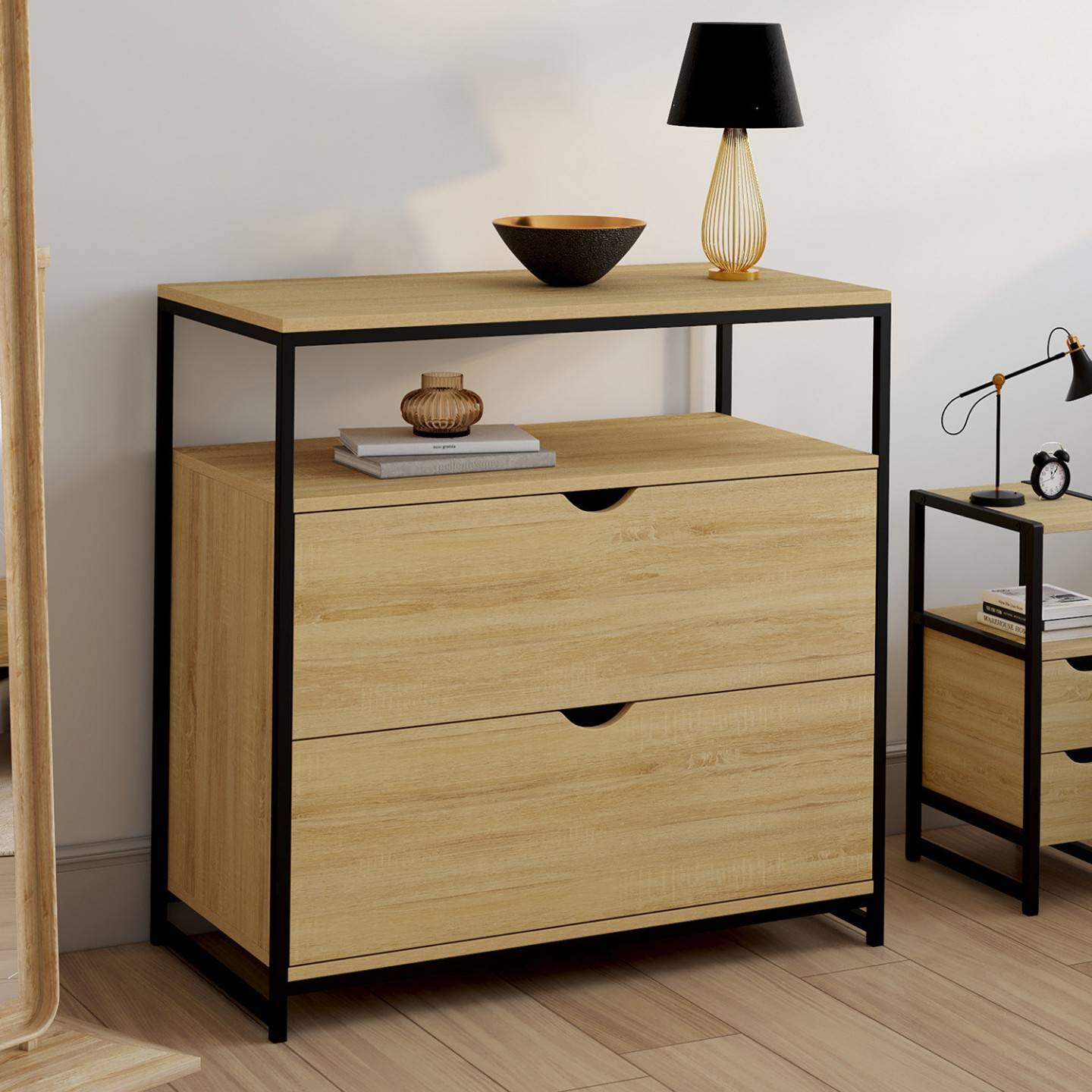 Commode 2 tiroirs DETROIT 80 cm design industriel avec étagère - Image 1