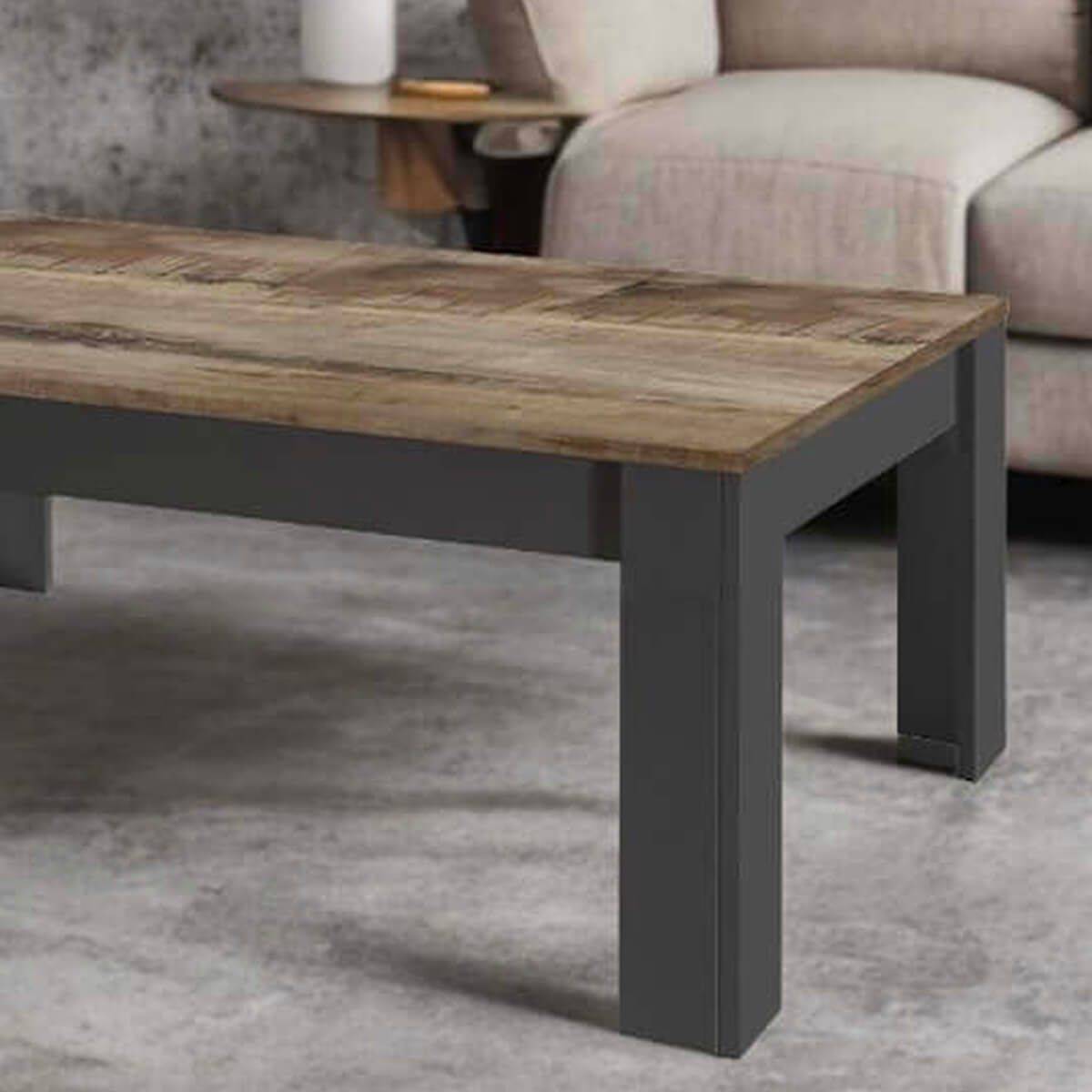 Table Basse Rectangulaire Noir Mat Plateau Aspect Bois Antik - OTELLO - Image 3