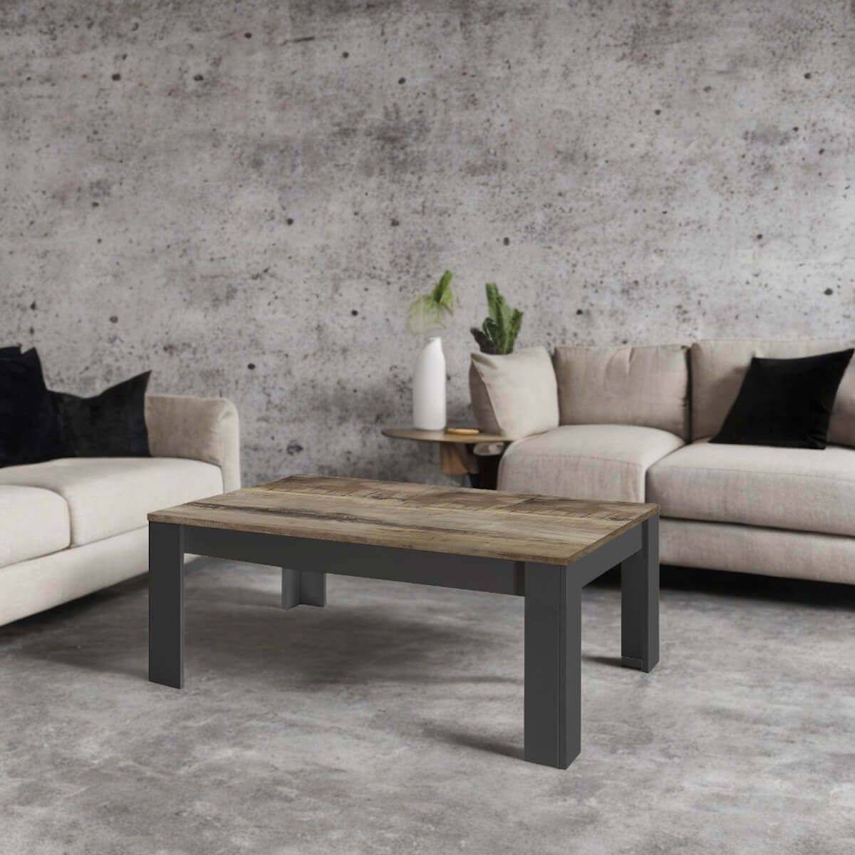 Table Basse Rectangulaire Noir Mat Plateau Aspect Bois Antik - OTELLO - Image 2