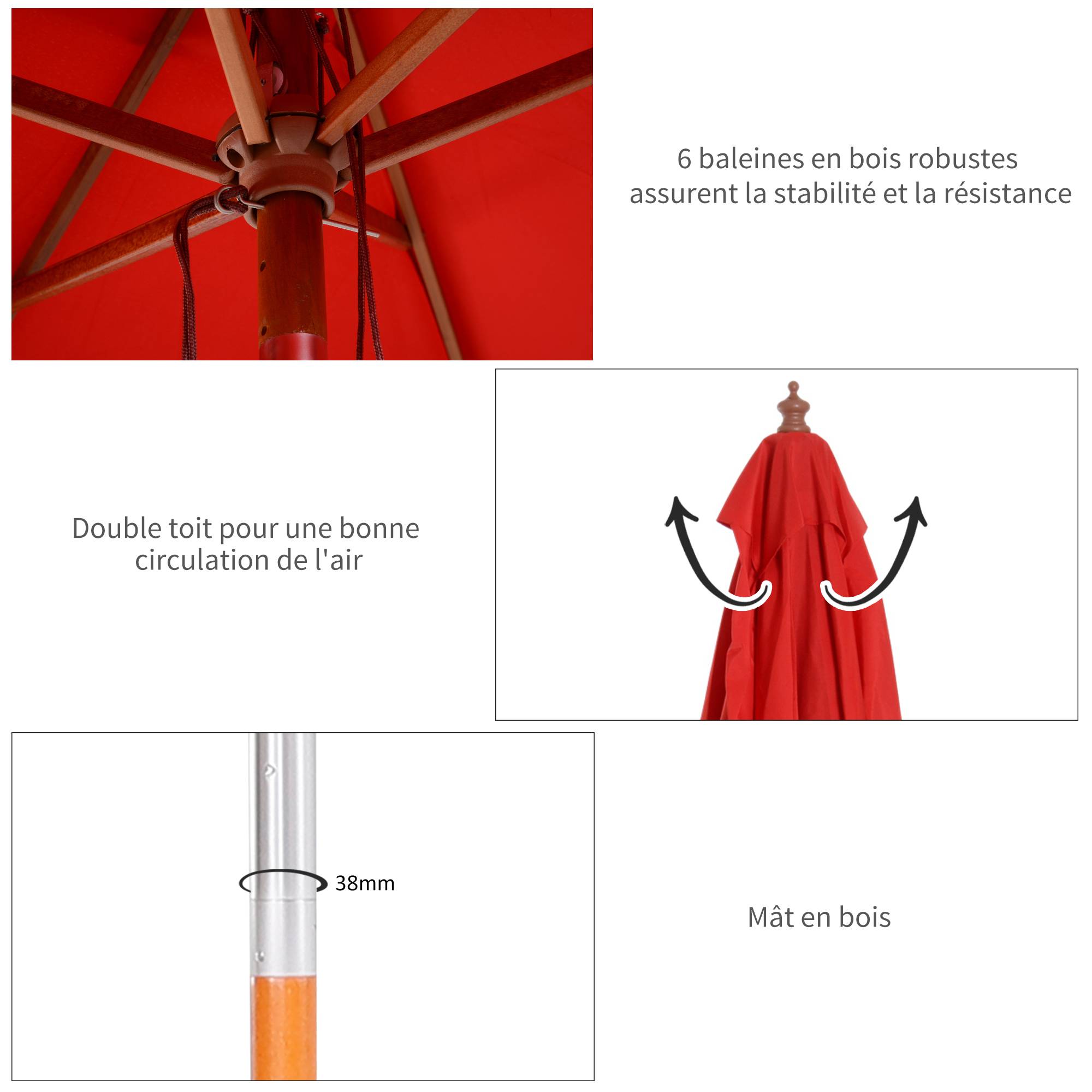 PANGIVO - Parasol de jardin rectangulaire inclinable en bois de bambou et polyester rouge 200 x 150 x 235 cm - PANGIVO - Image 7
