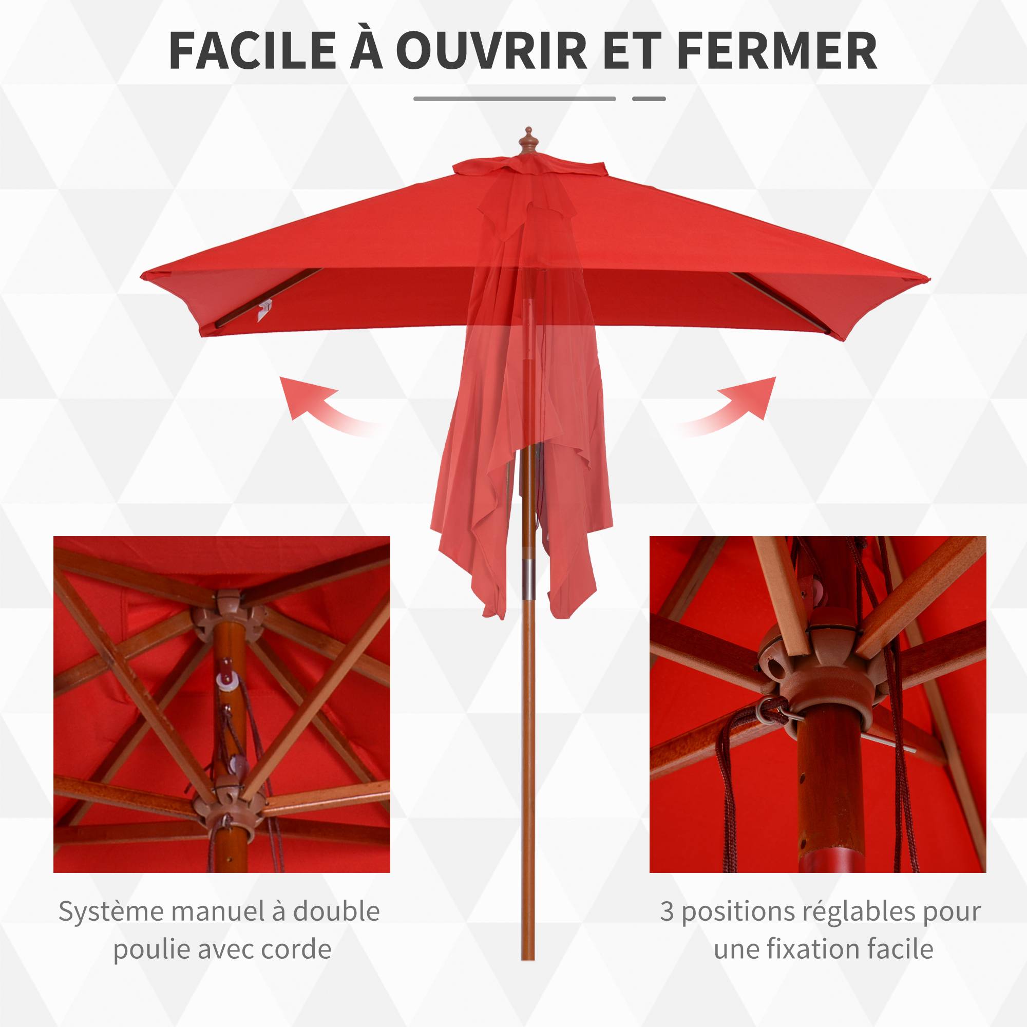 PANGIVO - Parasol de jardin rectangulaire inclinable en bois de bambou et polyester rouge 200 x 150 x 235 cm - PANGIVO - Image 8