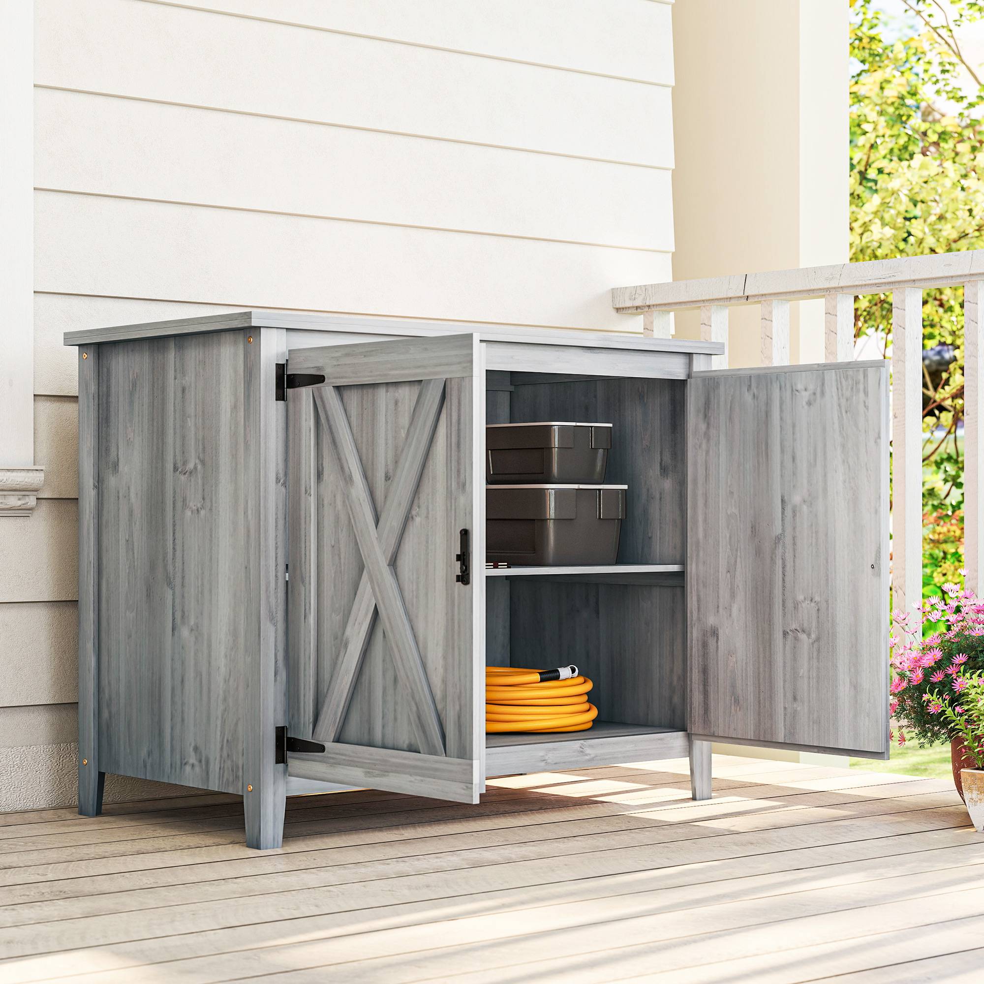 Armoire bois pour outils, extérieur terrasse, double porte, style grange, gris clair - Image 4