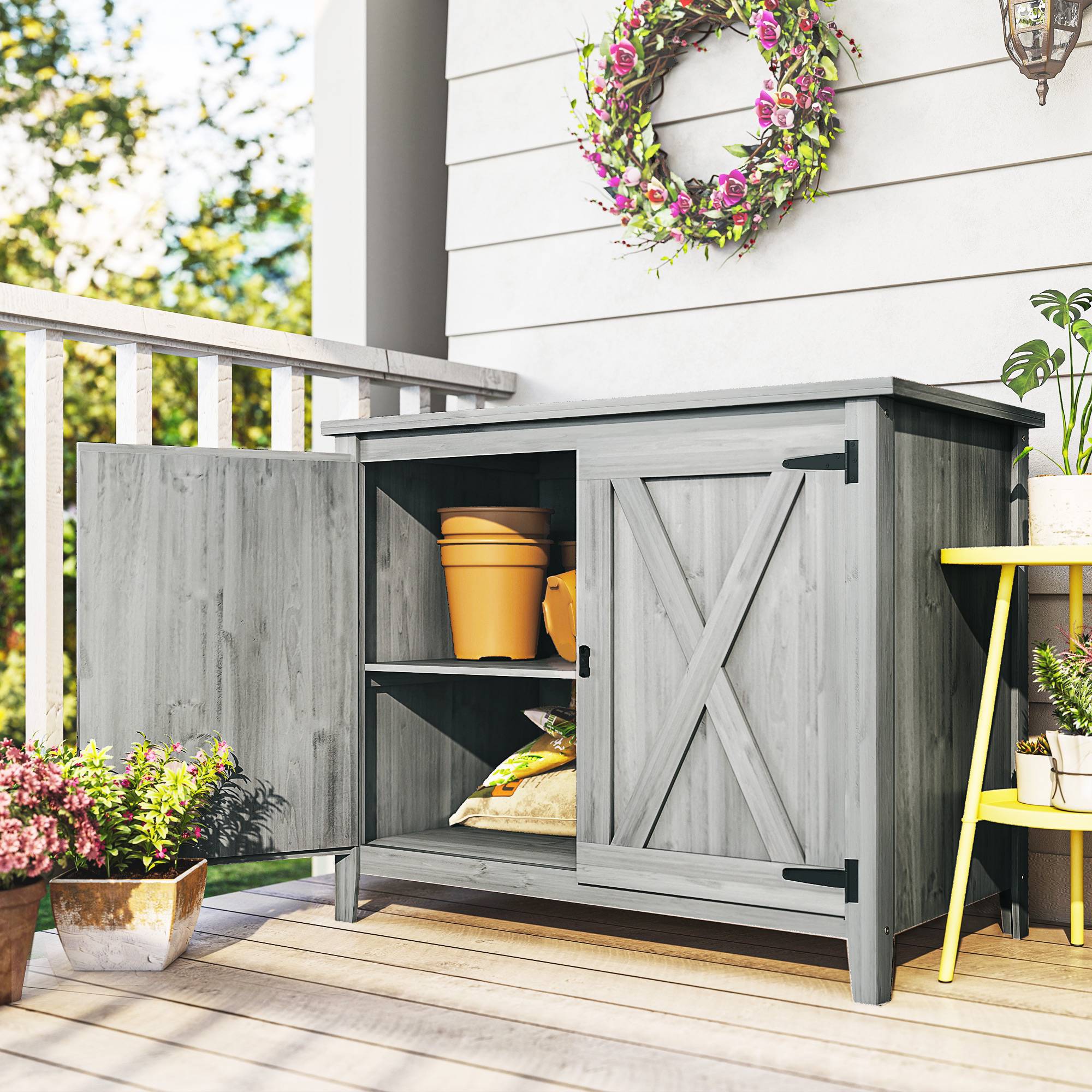 Armoire bois pour outils, extérieur terrasse, double porte, style grange, gris clair - Image 10