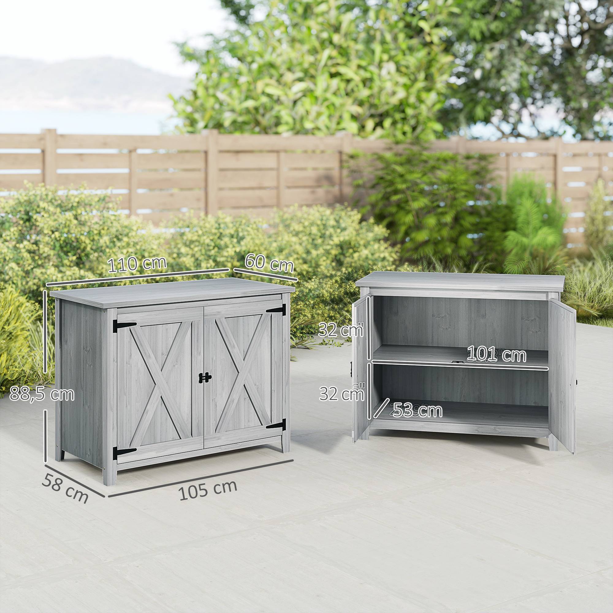 Armoire bois pour outils, extérieur terrasse, double porte, style grange, gris clair - Image 5
