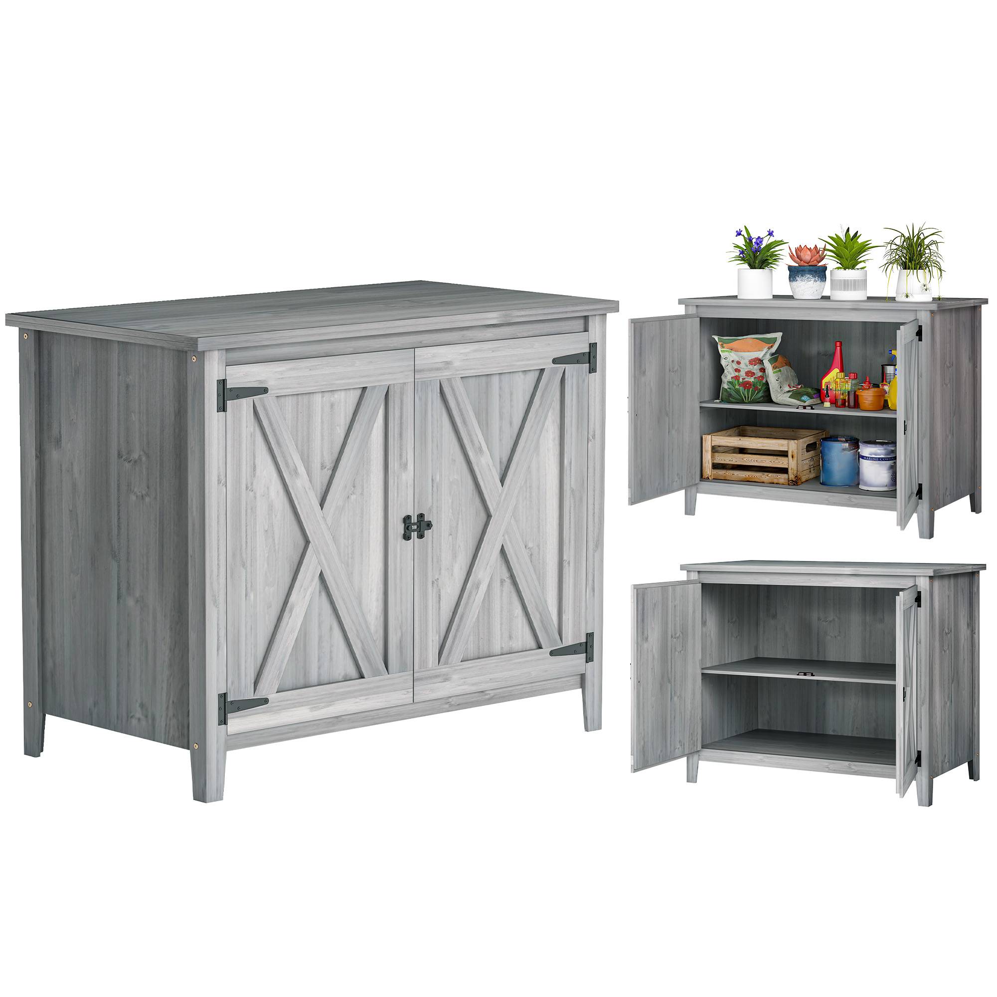 Armoire bois pour outils, extérieur terrasse, double porte, style grange, gris clair - Image 1