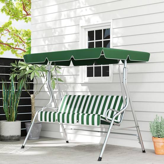 Outsunny - Balançoire extérieure 3 places toit inclinable réglable 1,7x1,1x1,53m avec coussins motif rayures métal polyester vert - Outsunny - Image 2