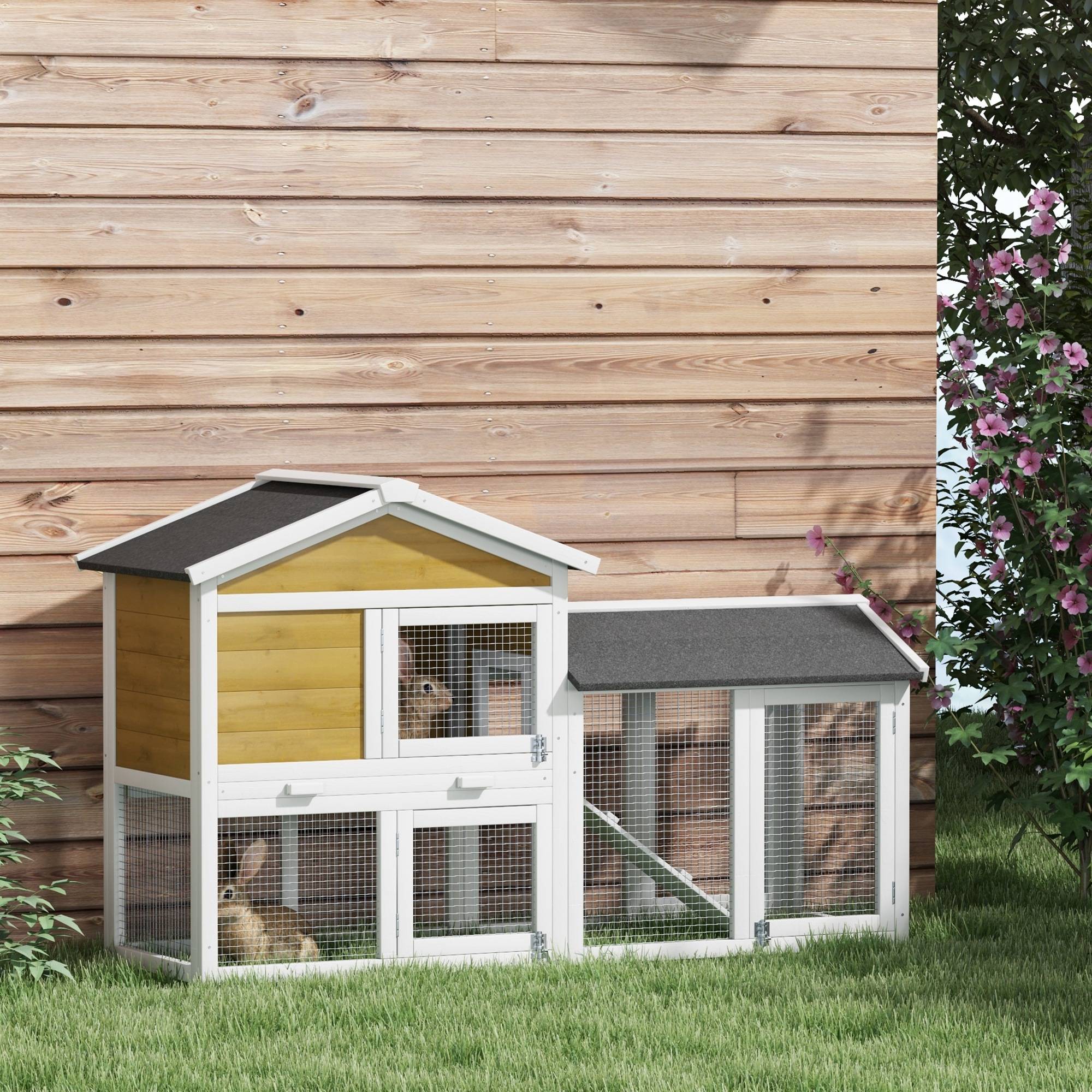 Cage lapins 2 étages bois, toit bitume, enclos, rampe, portes, 147 x 54 x 84 cm, jaune - Image 4