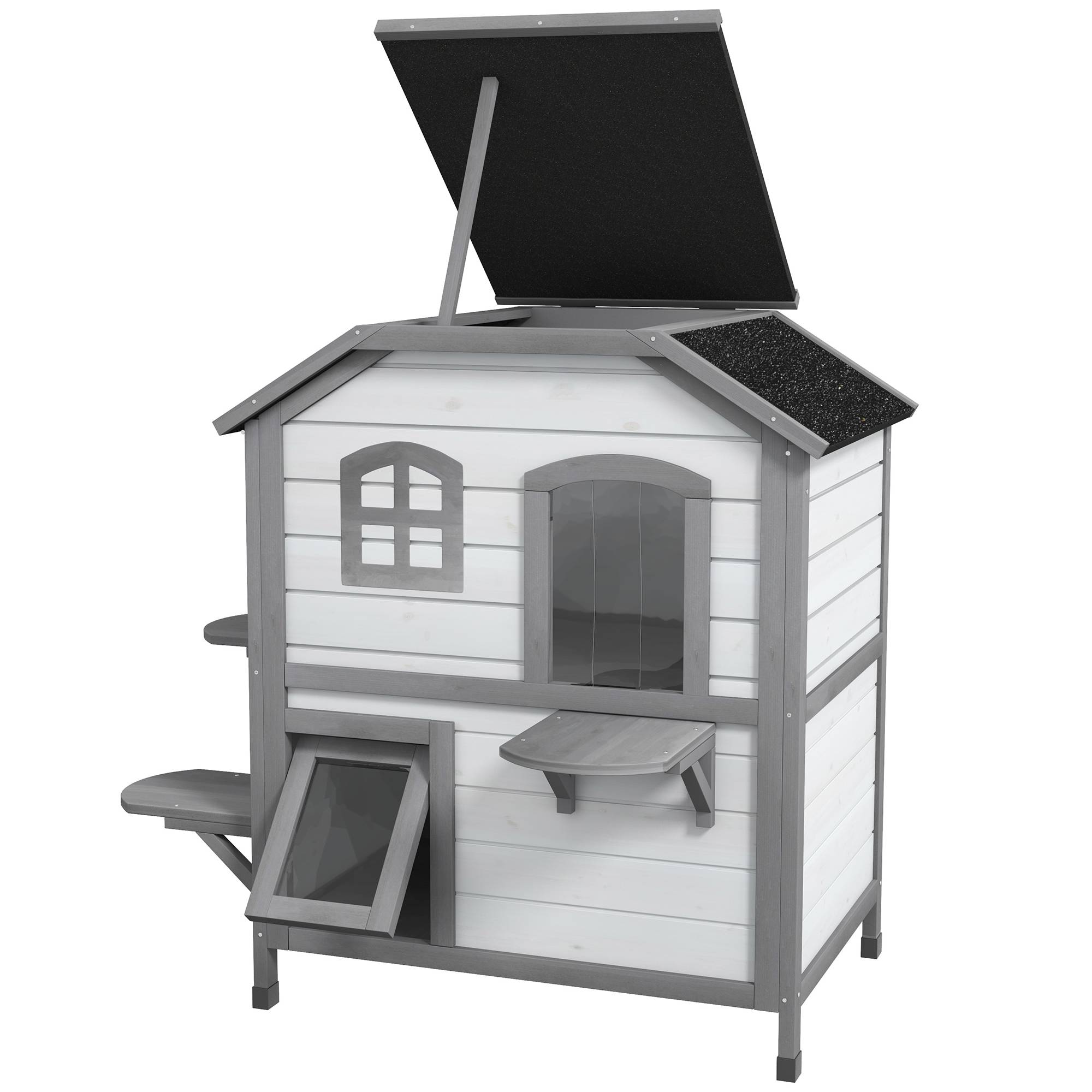 Maison pour chat bois de sapin blanc et gris 99.5 x 76 x 91 cm - PANGIVO - Image 2