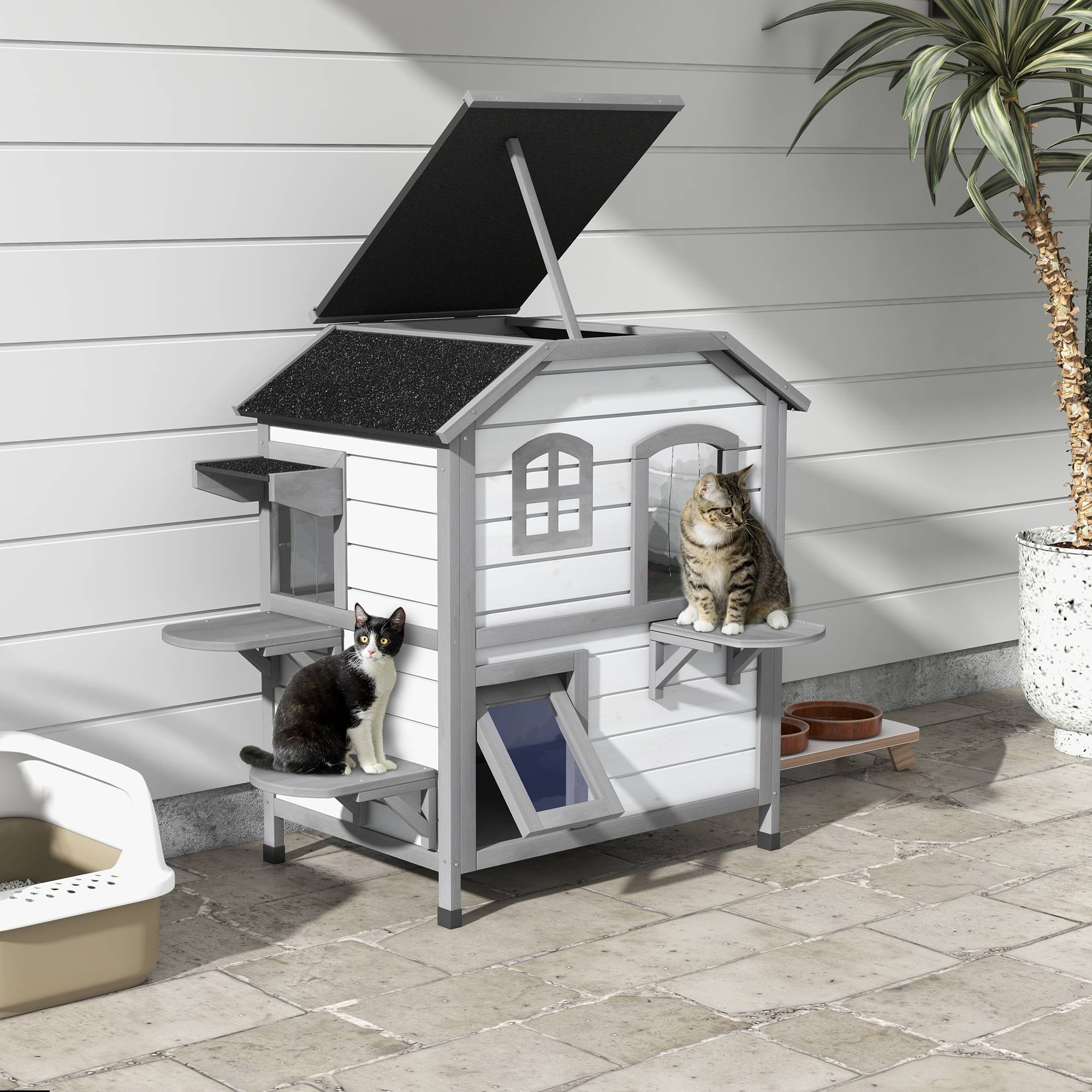 Maison pour chat bois de sapin blanc et gris 99.5 x 76 x 91 cm - PANGIVO - Image 3