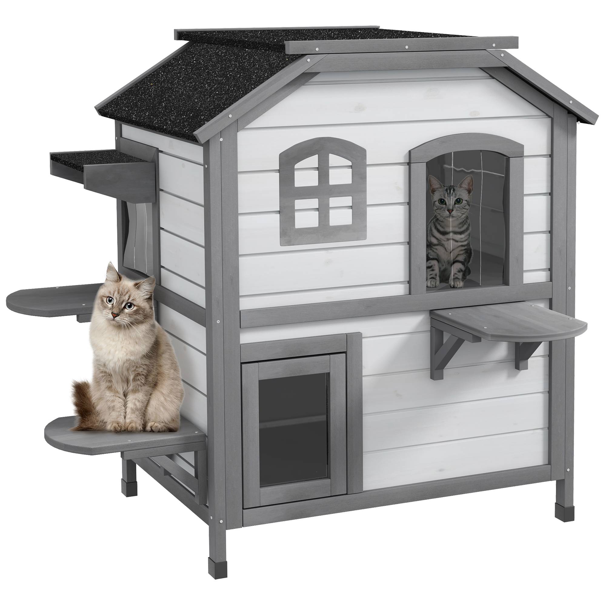 Maison pour chat bois de sapin blanc et gris 99.5 x 76 x 91 cm - PANGIVO