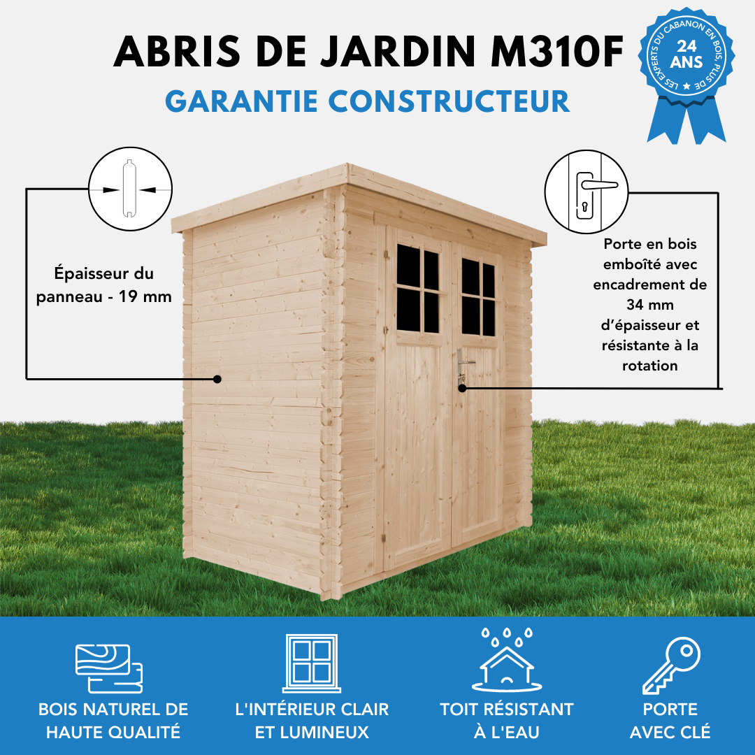 Timbela - Abri de jardin en bois l239xL144xH200 cm /2.63 m² avec sol traité et porte verrouillable de haute qualité - 19 mm d’épaisseur - Timbela M310F+M310G - Imagen 8
