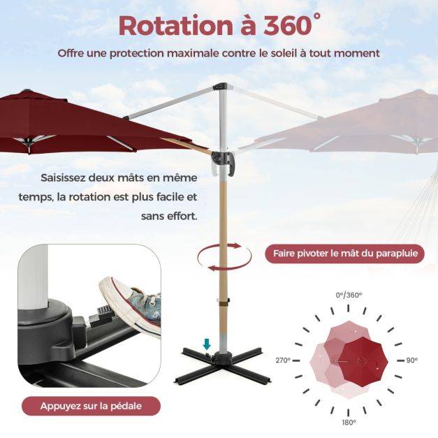 Helloshop26 - Parasol extérieur de 33 cm parasol rond en porte-a-faux avec rotation à 360° inclinaison réglable parasol déporté résistant au vent rouge - Imagen 6