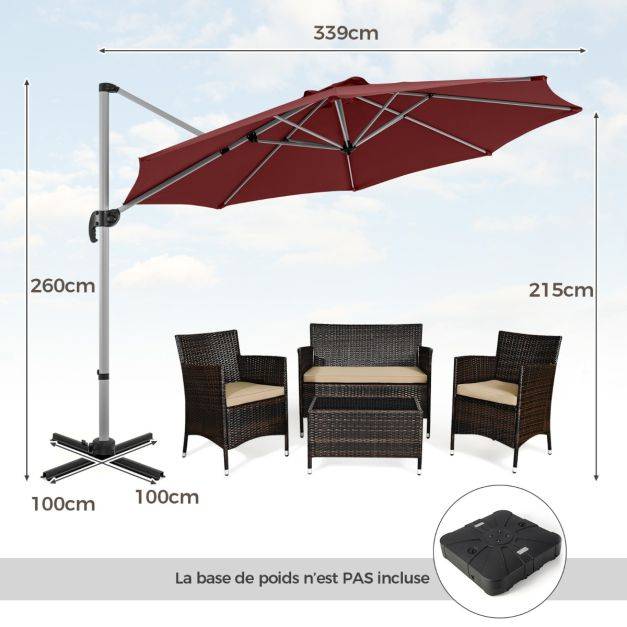 Helloshop26 - Parasol extérieur de 33 cm parasol rond en porte-a-faux avec rotation à 360° inclinaison réglable parasol déporté résistant au vent rouge - Imagen 7
