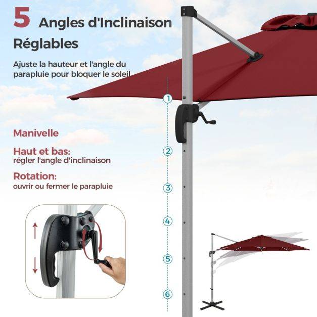 Helloshop26 - Parasol extérieur de 33 cm parasol rond en porte-a-faux avec rotation à 360° inclinaison réglable parasol déporté résistant au vent rouge - Imagen 5