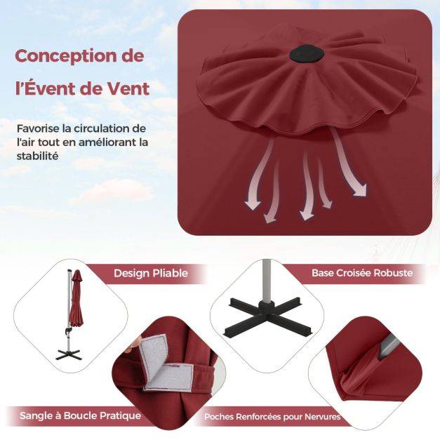 Helloshop26 - Parasol extérieur de 33 cm parasol rond en porte-a-faux avec rotation à 360° inclinaison réglable parasol déporté résistant au vent rouge - Imagen 3