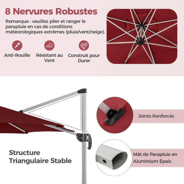 Helloshop26 - Parasol extérieur de 33 cm parasol rond en porte-a-faux avec rotation à 360° inclinaison réglable parasol déporté résistant au vent rouge - Imagen 4