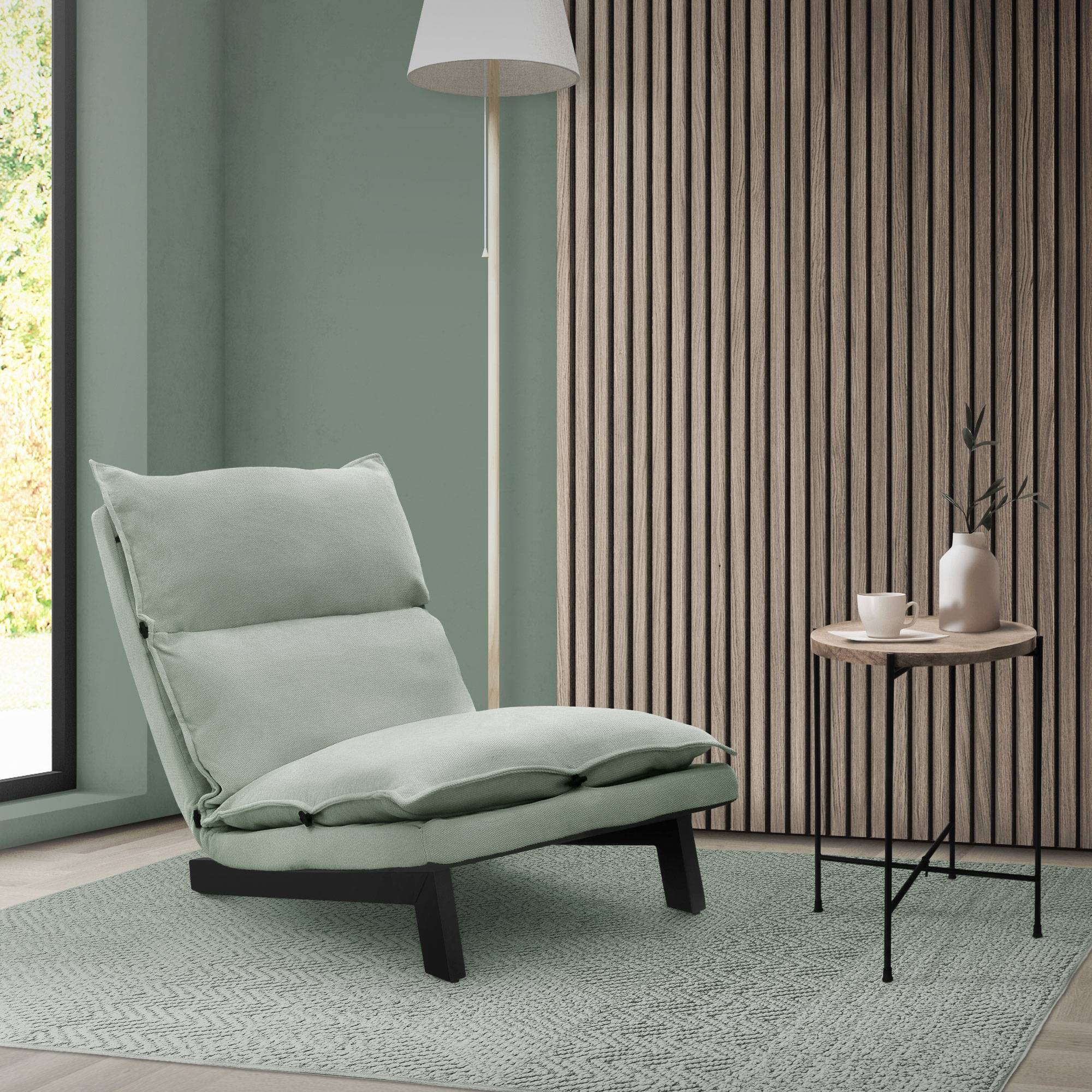 Ml-Design - Fauteuil de relaxation de sol gris-vert revêtement en lin rembourrage doux en polyester et structure robuste en acier dossier inclinable 5 positions - Image 1