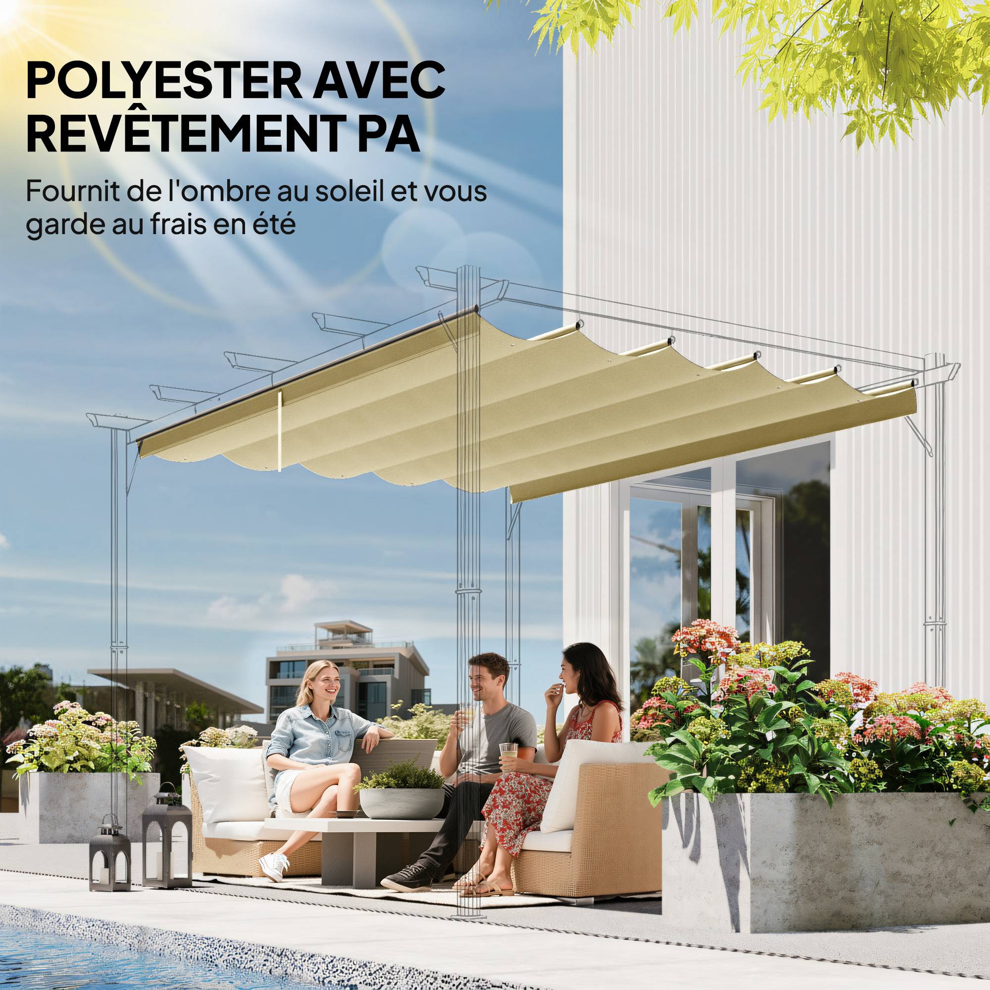 Toile de toit polyester pour pergola rétractable protection ombre respirant 350x260cm Beige - ComfortXL Outdoor Living - Image 7