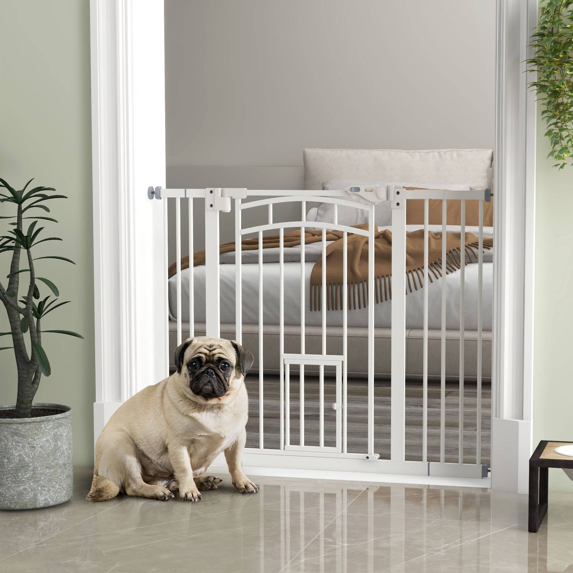 Barrière escalier chien acier intérieur fermeture automatique chatière 74-100x76cm blanc - ComfortXL Pet Living - Image 4