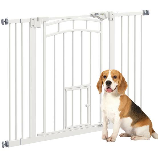 Barrière escalier chien acier intérieur fermeture automatique chatière 74-100x76cm blanc - ComfortXL Pet Living - Image 1