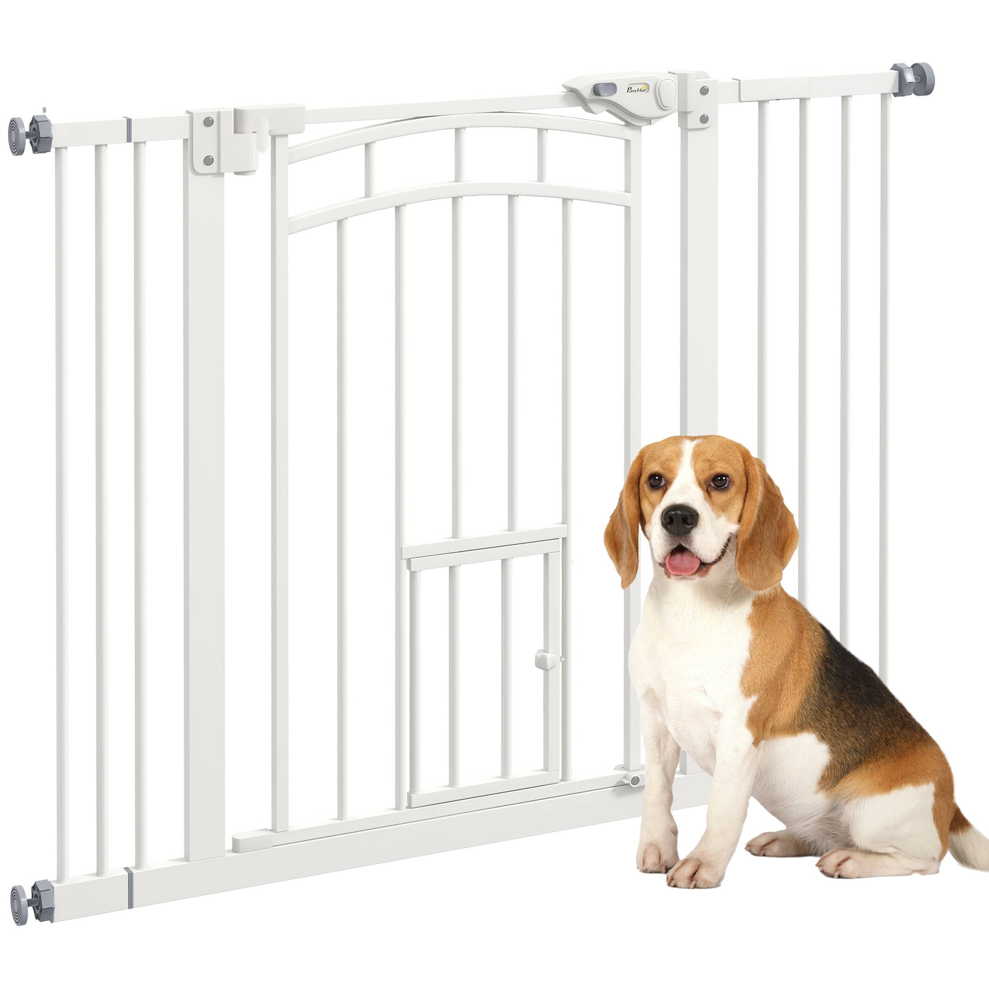 Barrière escalier chien acier intérieur fermeture automatique chatière 74-100x76cm blanc - ComfortXL Pet Living - Image 1