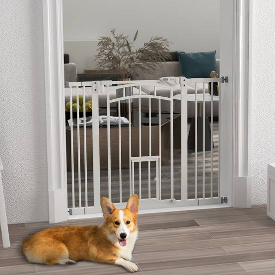 Barrière escalier chien acier intérieur fermeture automatique chatière 74-100x76cm blanc - ComfortXL Pet Living - Image 3