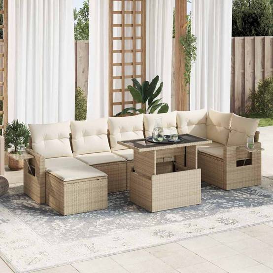 Ensemble salon de jardin 8 personnes résine tressée avec coffres et table ajustable Beige – ComfortXL Outdoor Living - Image 1