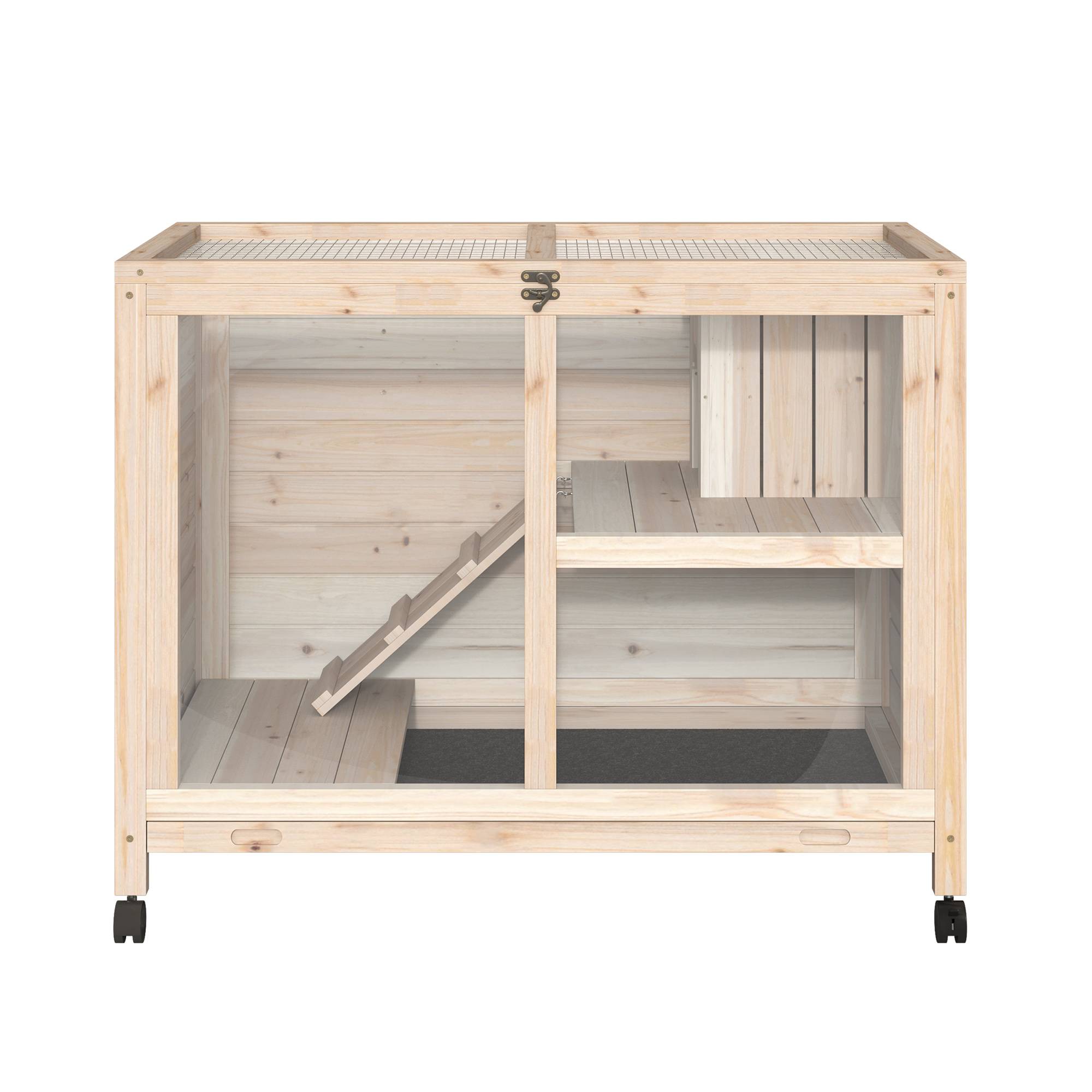 Clapier en bois à roulettes 91,5 x 53,3 x 73 cm, cage à lapin à 2 niveaux avec toit à charnières, couleur naturelle - Image 10