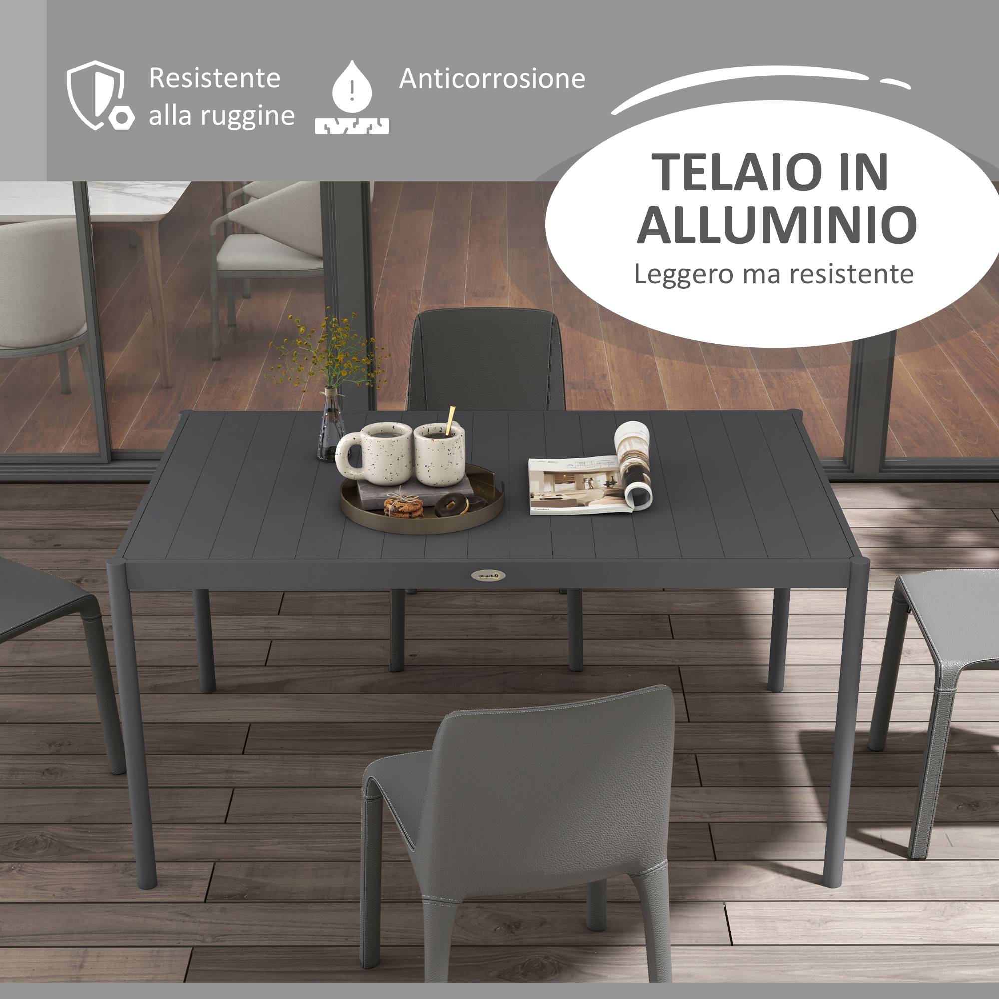 Table de jardin 6 personnes en aluminium et acier lattes anti-eau gris foncé 145x90 - ComfortXL Outdoor Living - Image 6